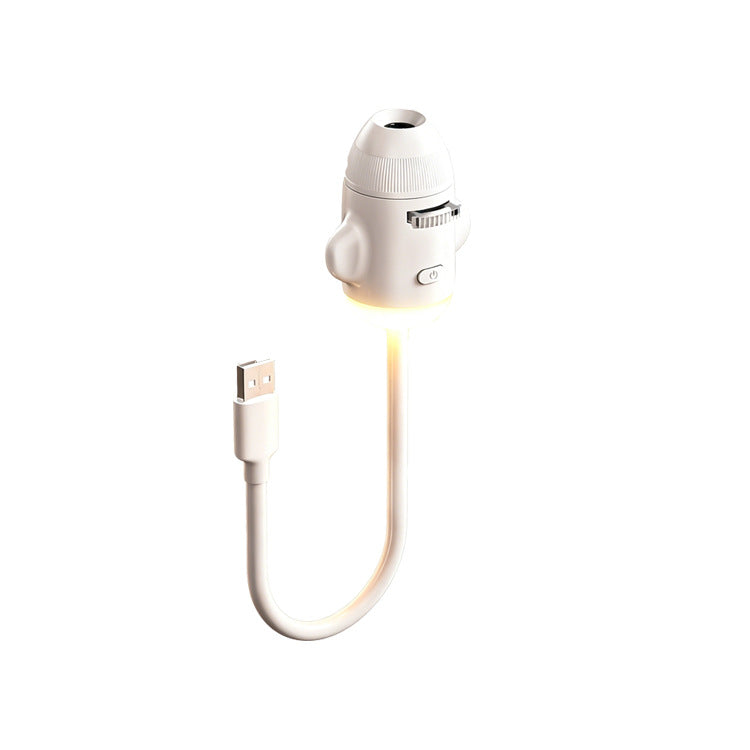 White rocket projector head on a flexible gooseneck ending in a USB plug, lit warm