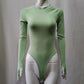 Slim milk silk bodysuit for women with round neckline and long sleeves