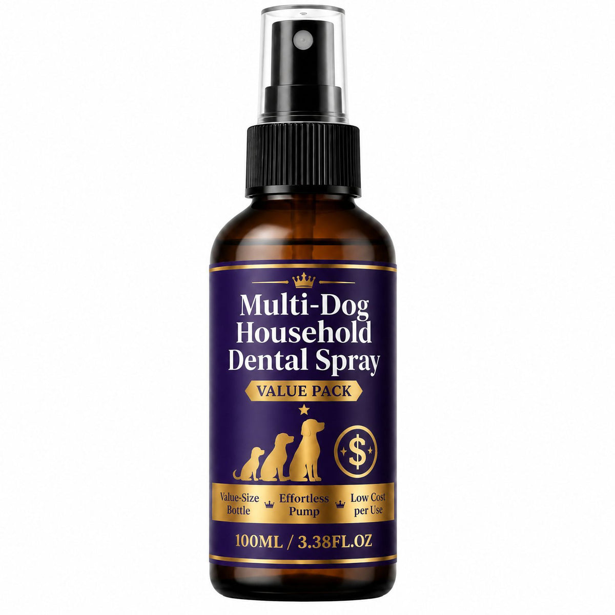 Front view of the purple and gold labeled dental spray bottle for dogs, 100 ML 3.38 FL OZ