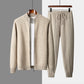 Camel men's knit zip cardigan with rib collar styled with matching joggers on hangers, size L option