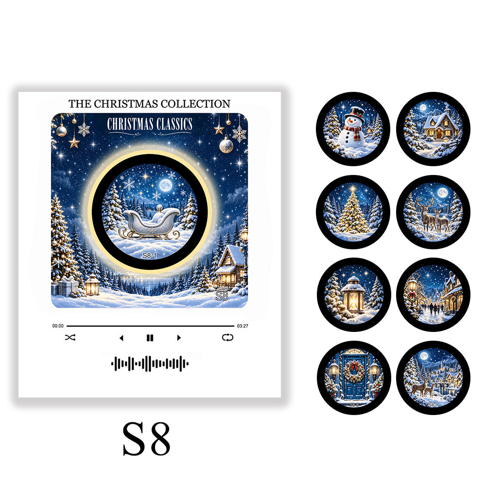 Snowy night sleigh scene labeled The Christmas Collection with round discs, option photo for Christmas S8