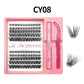 Lash cluster style CY08 in a 10 row tray with dual-ended glue pen, tweezers and a close-up of the cluster shape