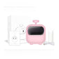 Pink thermal printer with a display window and a handle on top, shown with its box, paper and cable, x2 pink option