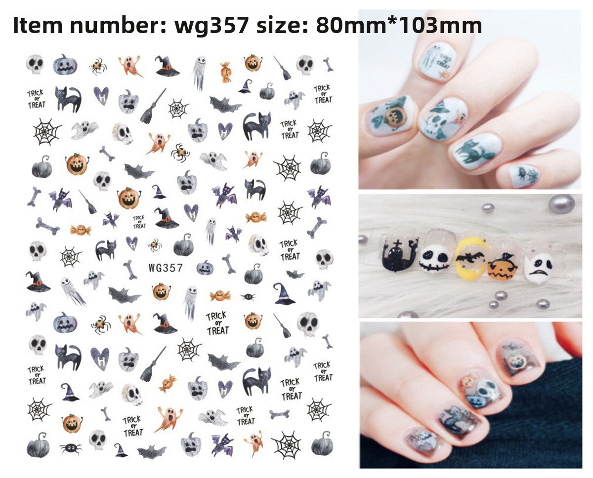 Self adhesive Halloween nail art stickers with pumpkin, skull and ghost designs