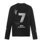 Back of the black long sleeve t-shirt with a large number 7 print, a portrait and BG-23 lettering