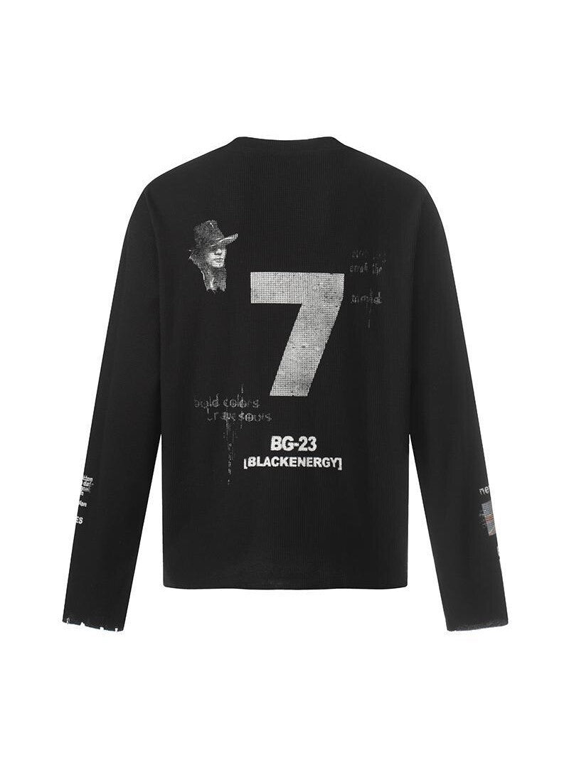 Back of the black long sleeve t-shirt with a large number 7 print, a portrait and BG-23 lettering