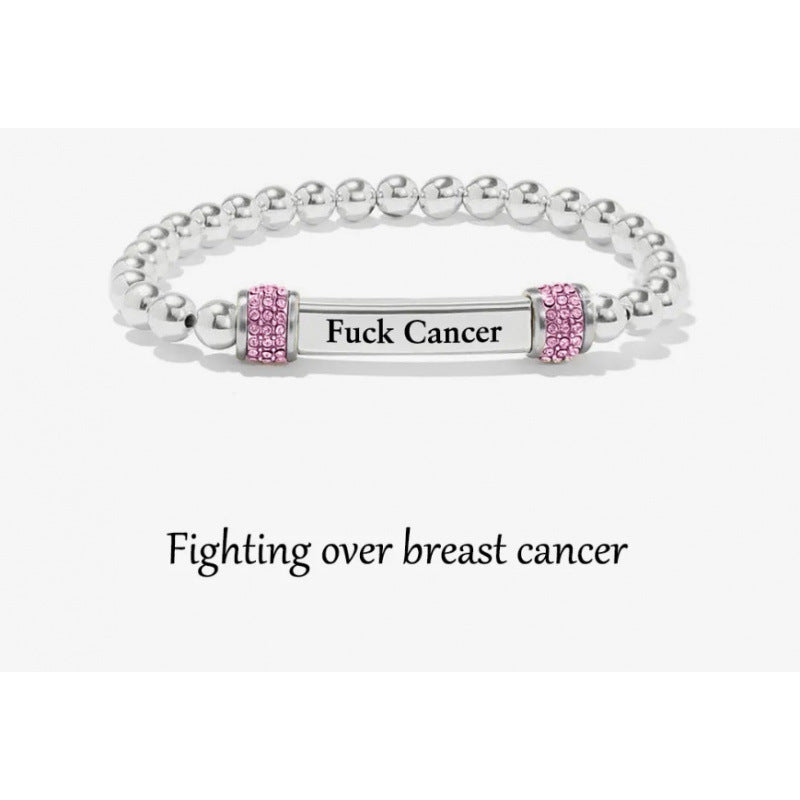 Silver bead bracelet with an engraved bar and pink pave cubic zirconia end rings