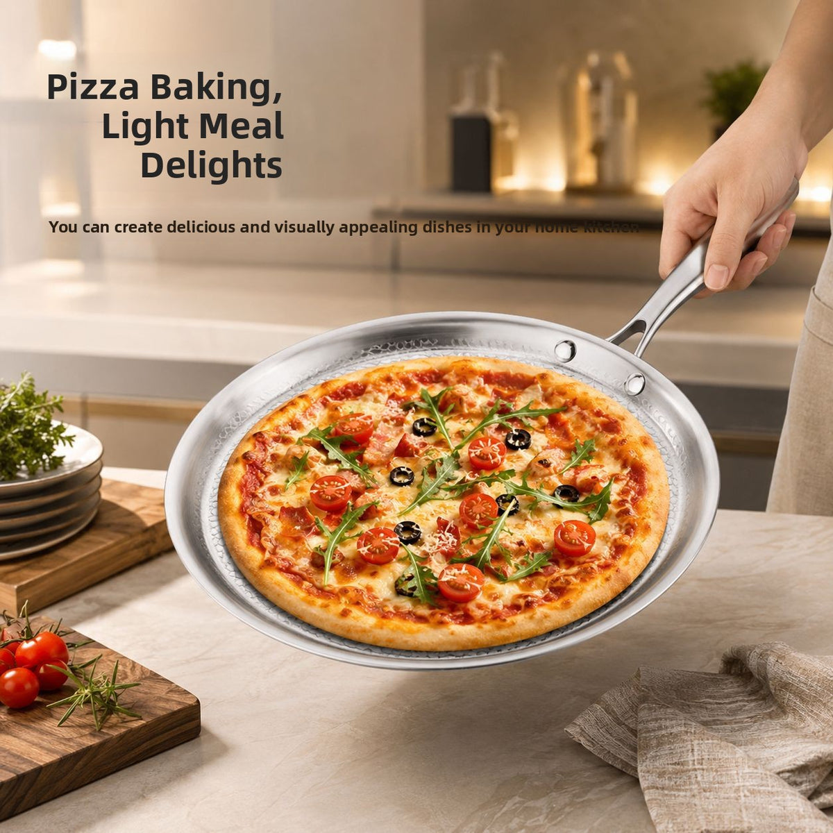 Hand holding a hammered flat pan carrying a baked pizza with tomatoes, olives and arugula