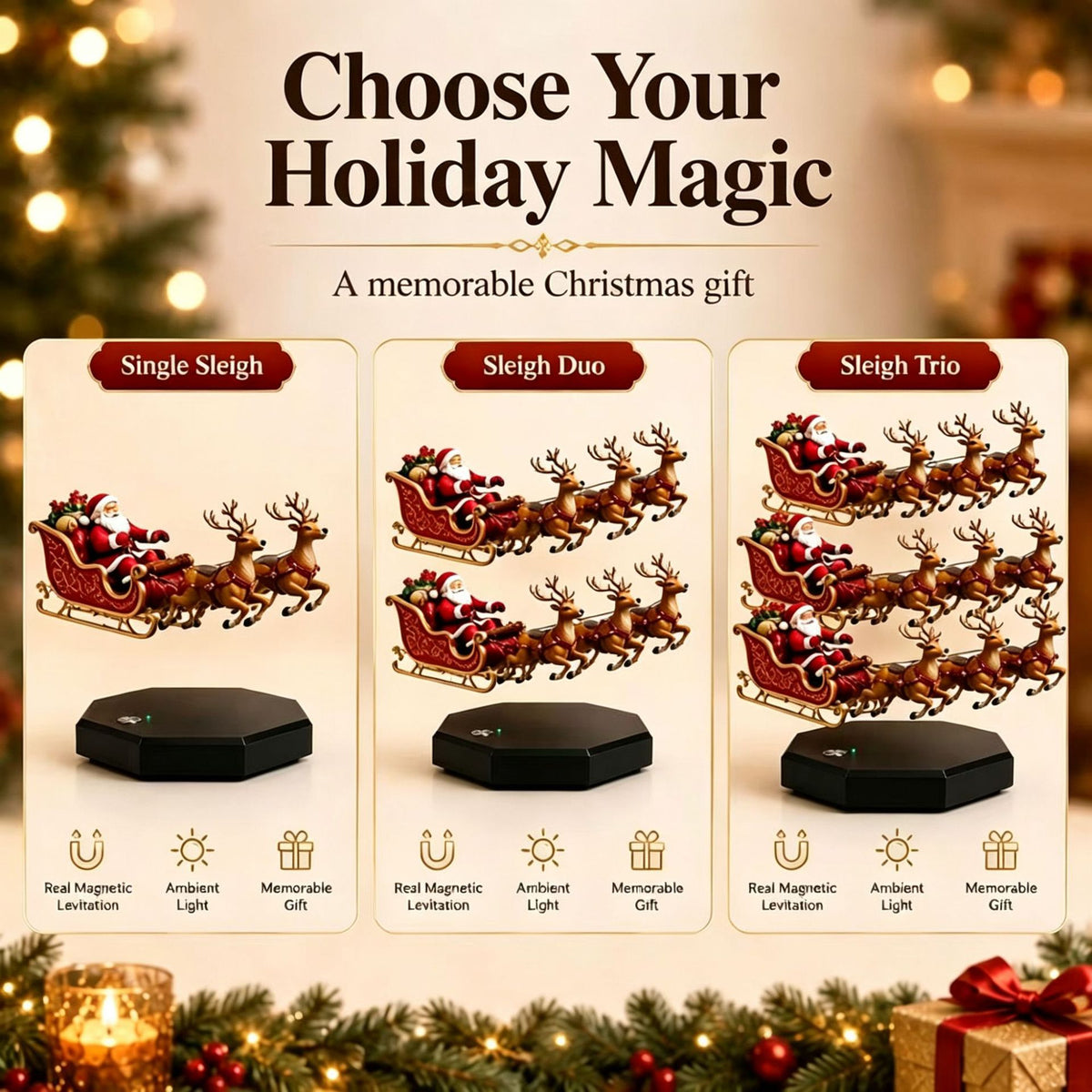 Promotional graphic of single, duo and trio Santa sleigh sets, not selectable options of this listing