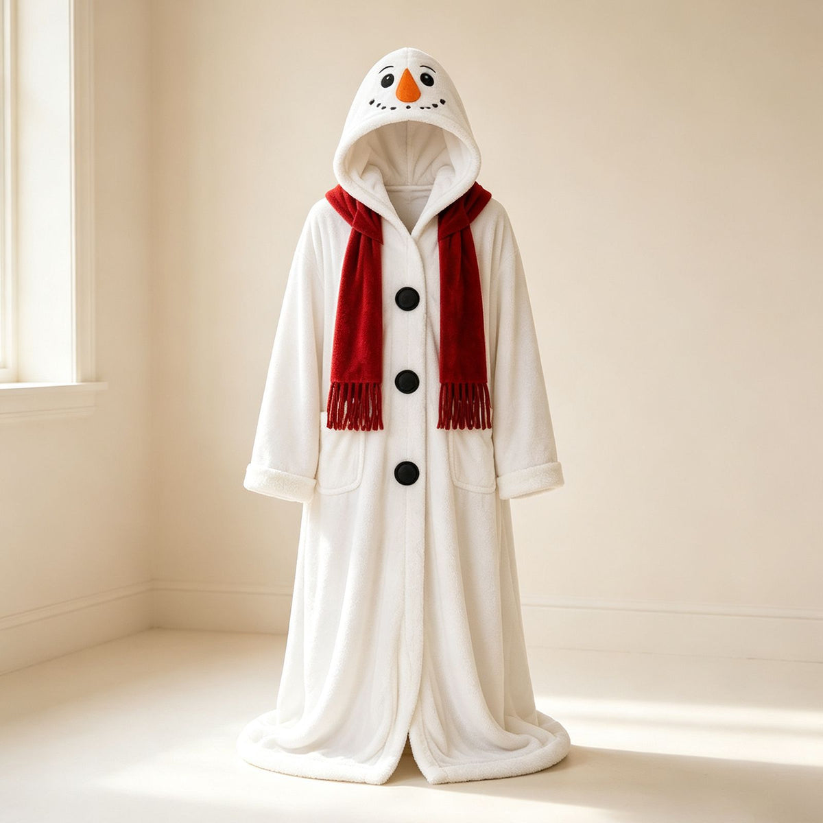 Snowman white plush hooded robe with carrot nose, red scarf, black buttons and front pockets