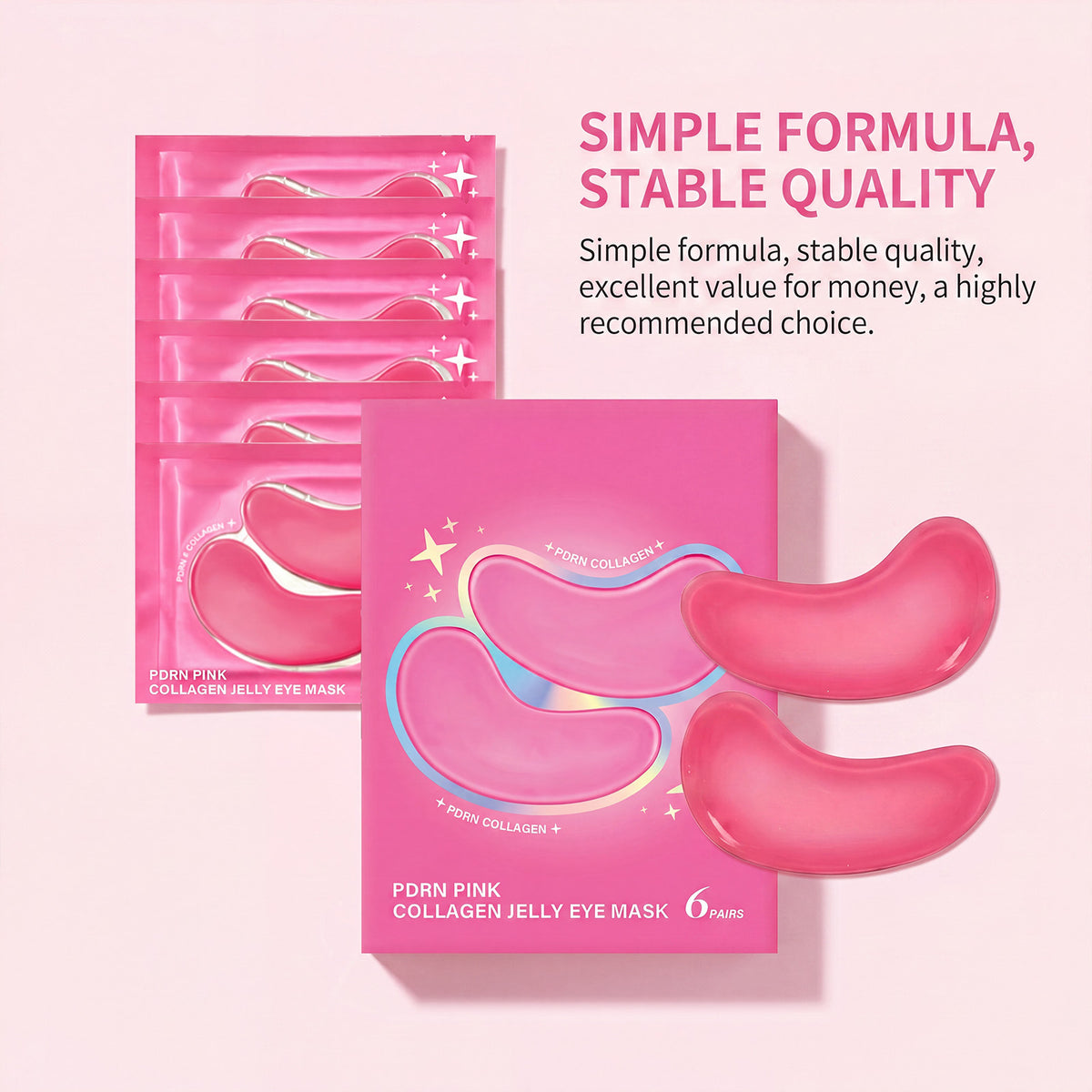Pink collagen hydrogel under eye gel masks, soft jelly crescents from a six pair pack