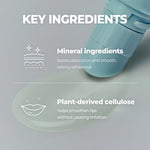 Close up of a pale blue domed applicator and clear lip mask gel above a key ingredients panel