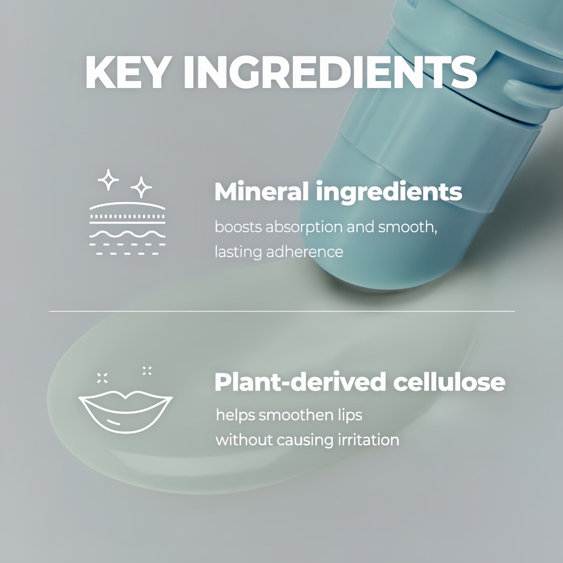 Close up of a pale blue domed applicator and clear lip mask gel above a key ingredients panel