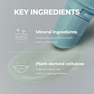 Close up of a pale blue domed applicator and clear lip mask gel above a key ingredients panel