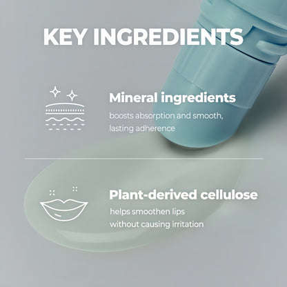 Close up of a pale blue domed applicator and clear lip mask gel above a key ingredients panel