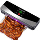 Close view of the vacuum sealer heat sealing a bag of marinated food with the digital display lit