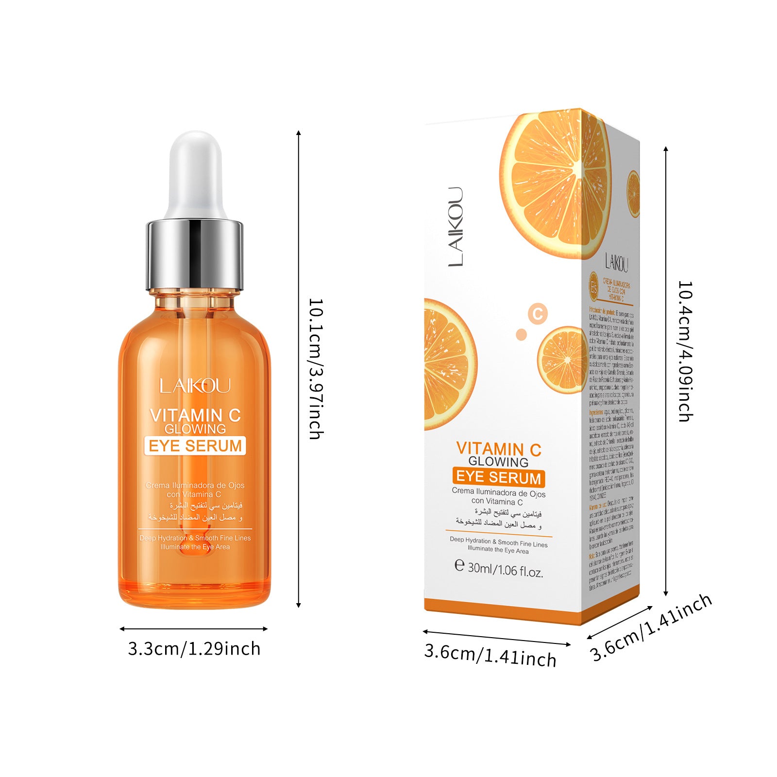 Vitamin C eye serum bottle beside its printed carton with the 30ml size and dimensions labelled