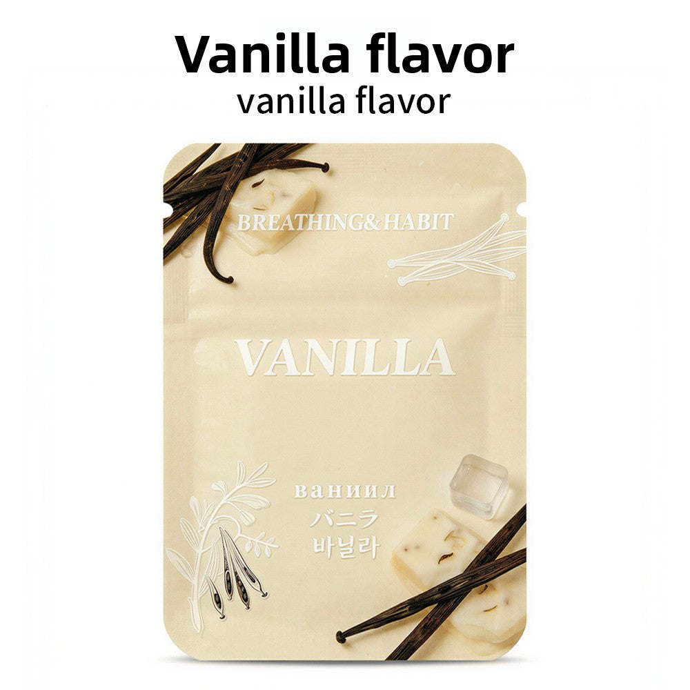 Vanilla scented cotton core sachet in cream, Breathing and Habit branding, vanilla pods pictured