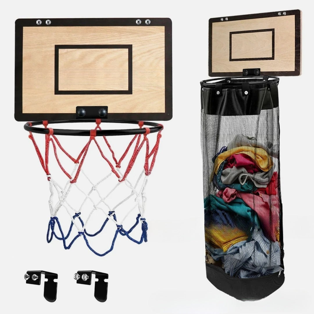 Wooden basketball backboard, black rim with red white and blue net, and a tall mesh laundry hamper bag filled with clothes