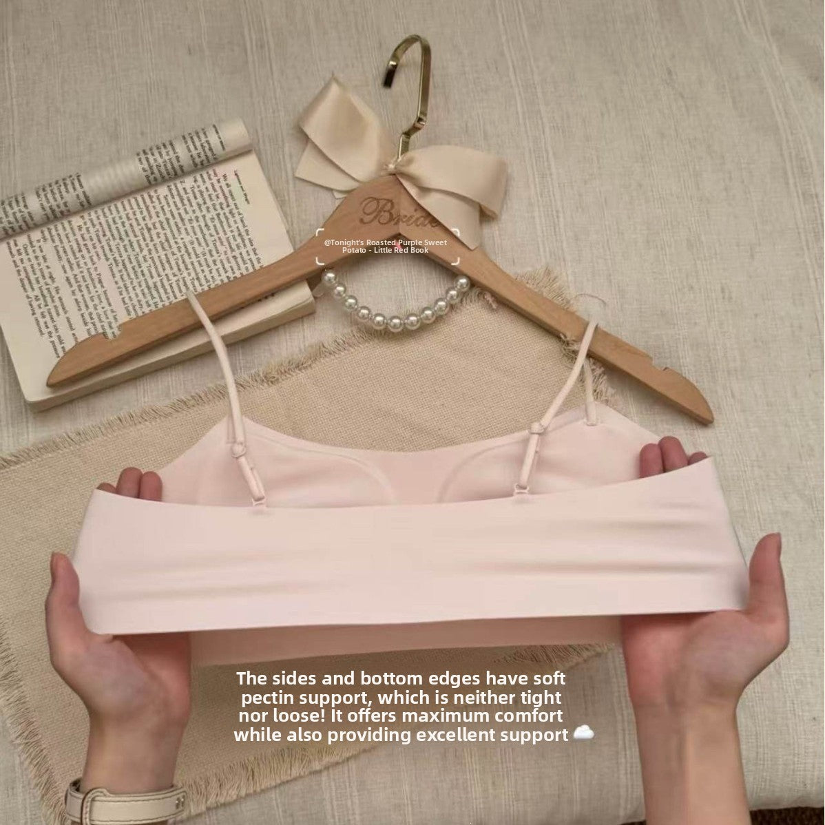 Seamless wireless bralette shown flat to display the smooth one piece body and thin straps