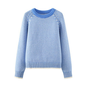 Blue striped knit women's sweater, front view showing crew neckline and horizontal stripe