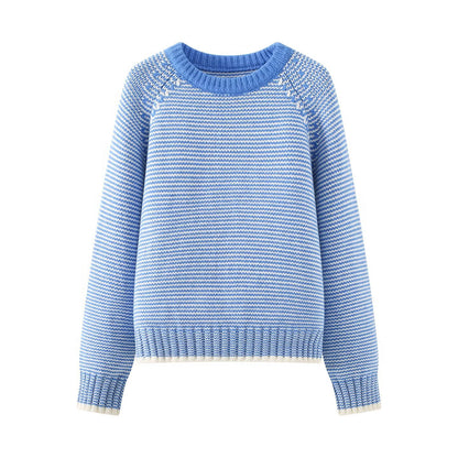 Blue striped knit women's sweater, front view showing crew neckline and horizontal stripe