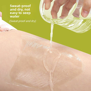 Hand peeling a clear thigh patch off the skin to show it lifts away leaving no glue behind