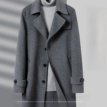 Mens Mid-Length Double-Faced Wool Coat with Notch Lapel and Back Belt
