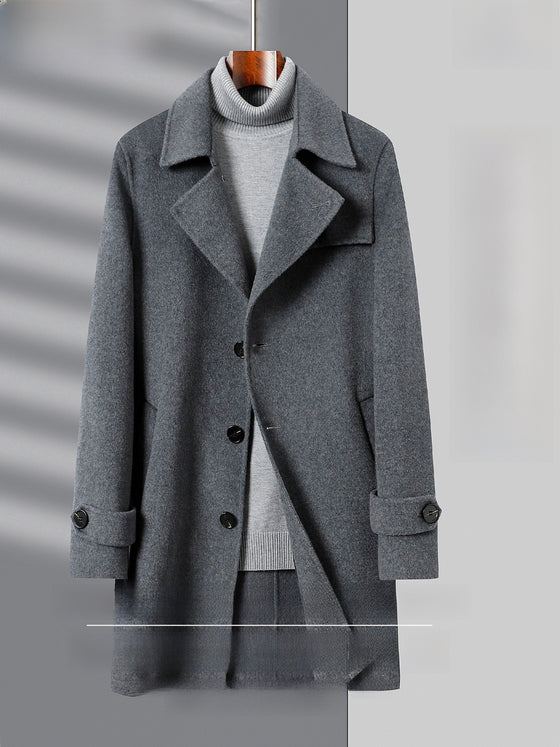 Mens Mid-Length Double-Faced Wool Coat with Notch Lapel and Back Belt