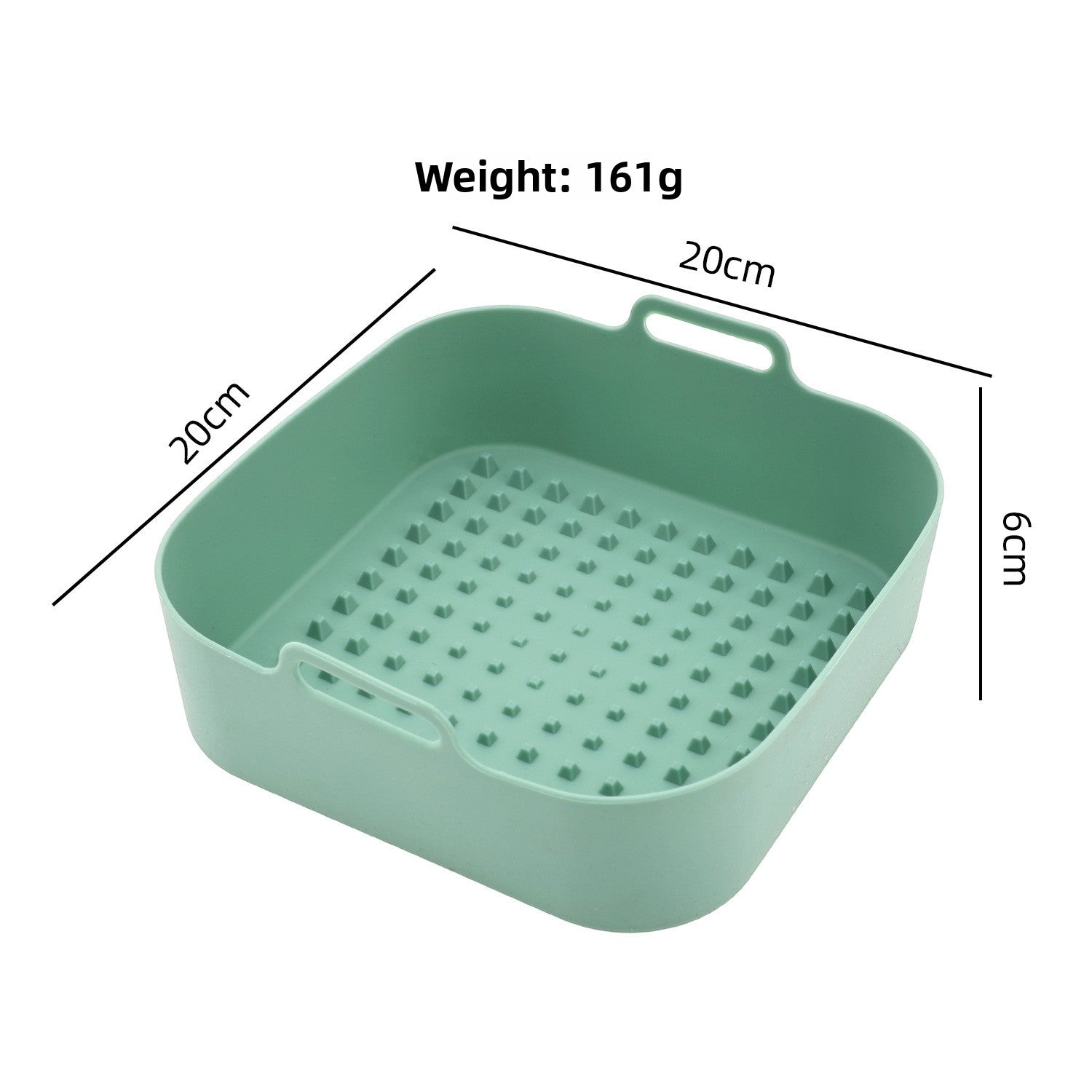Sage green large square silicone air fryer liner tray with a studded base, about 20 by 20 cm