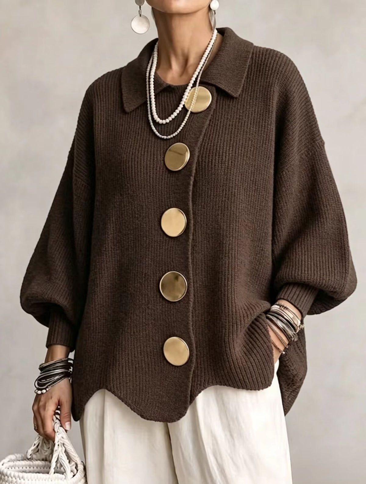 Dark brown ribbed knit top with a collar and gold tone metal buttons, Brown option, size 3XL