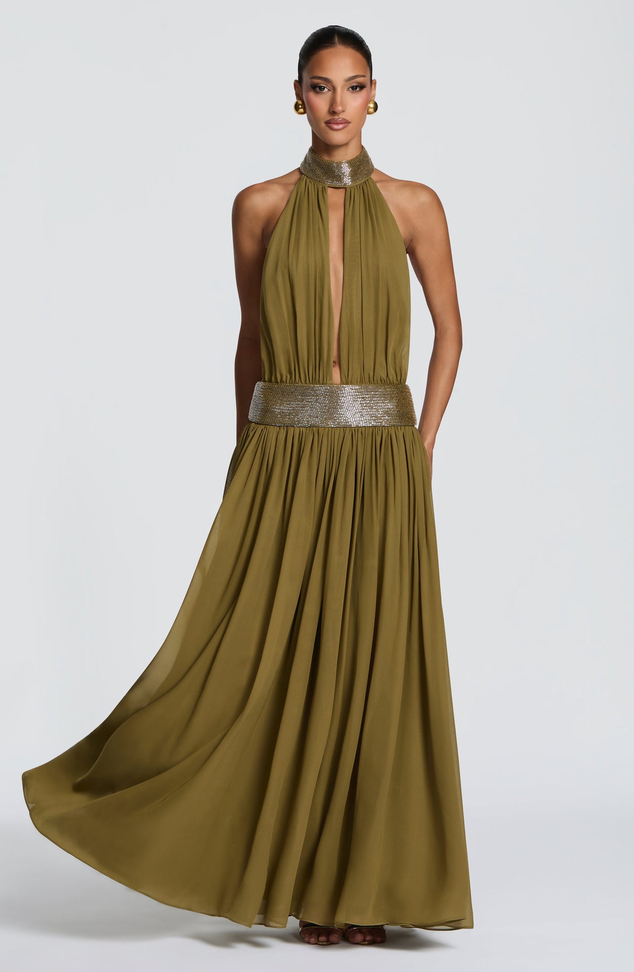 Backless halter chiffon maxi gown with sequin collar, deep plunge front framed by sequin collar and waistband