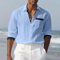 Light Blue with printed contrast trim mens long sleeve linen look button up shirt