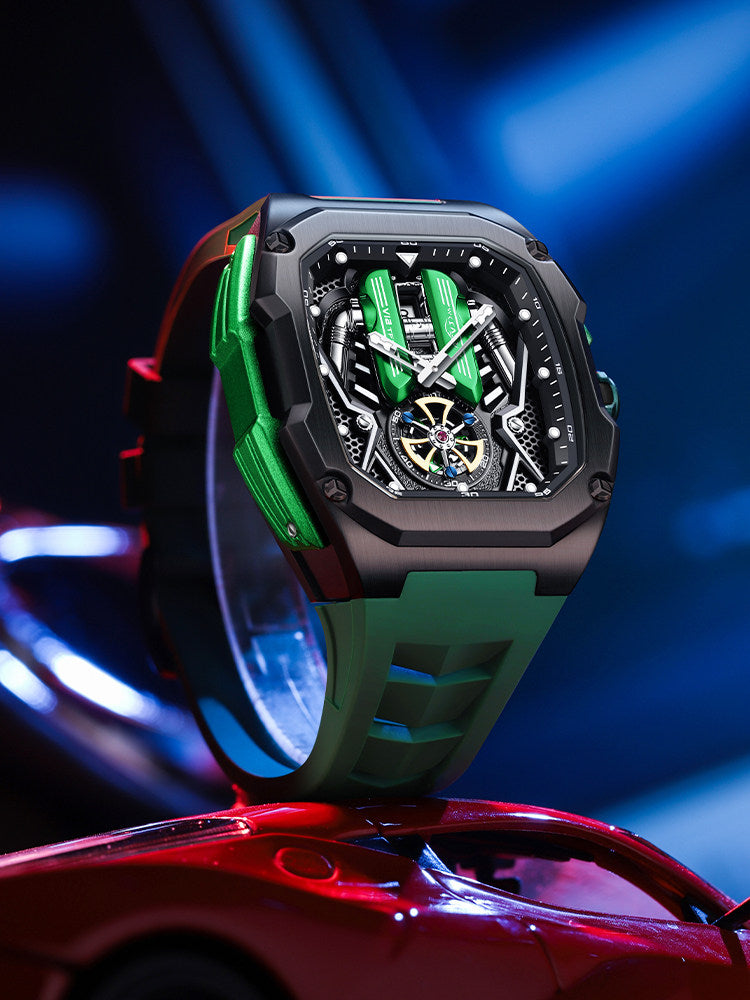 Quartz wristwatch front view showing clean dial and color tip strap