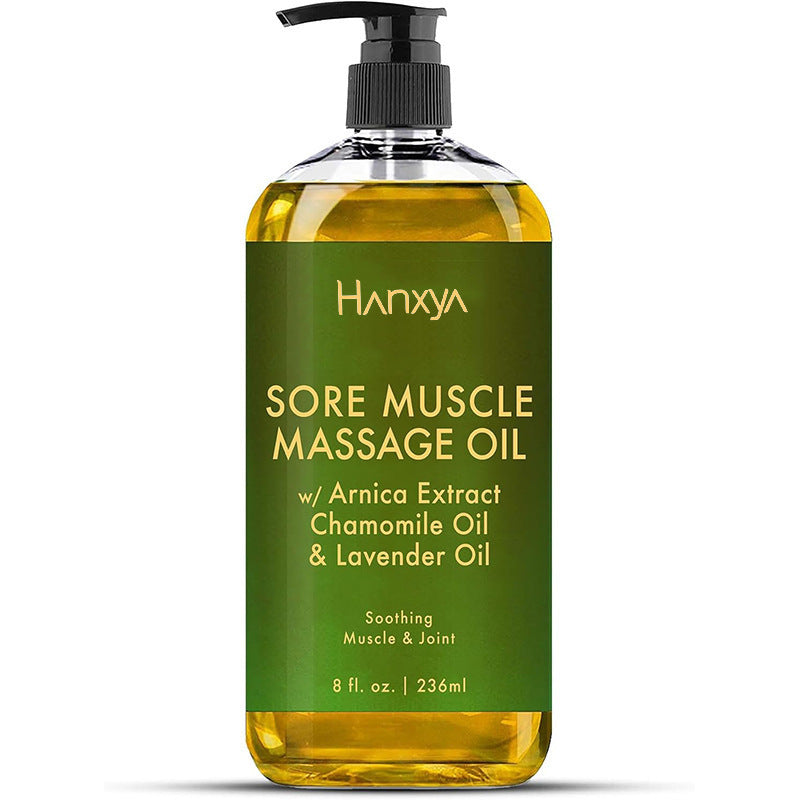 Green Hanxya Sore Muscle Massage Oil bottle with arnica extract, chamomile oil and lavender oil, 236 ml