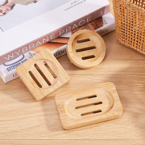 Bamboo and Pine Soap Dish Holders in Round, Square and Slatted Styles