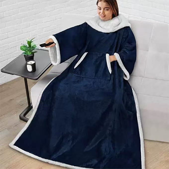 Navy blue wearable sleeve blanket with white sherpa collar, cuffs and edge and a large front pocket