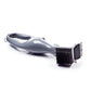 Grill cleaning brush showing looped ergonomic grey handle and steel bristle scraper head from the side