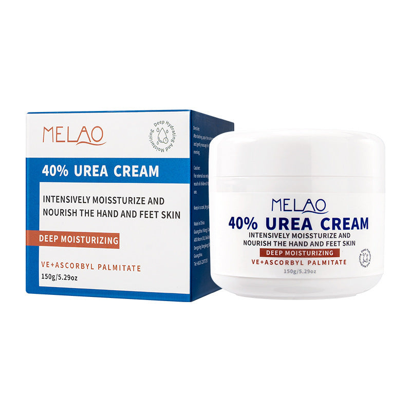 MELAO 40% Urea Cream white jar in front of its blue and white box on a white background