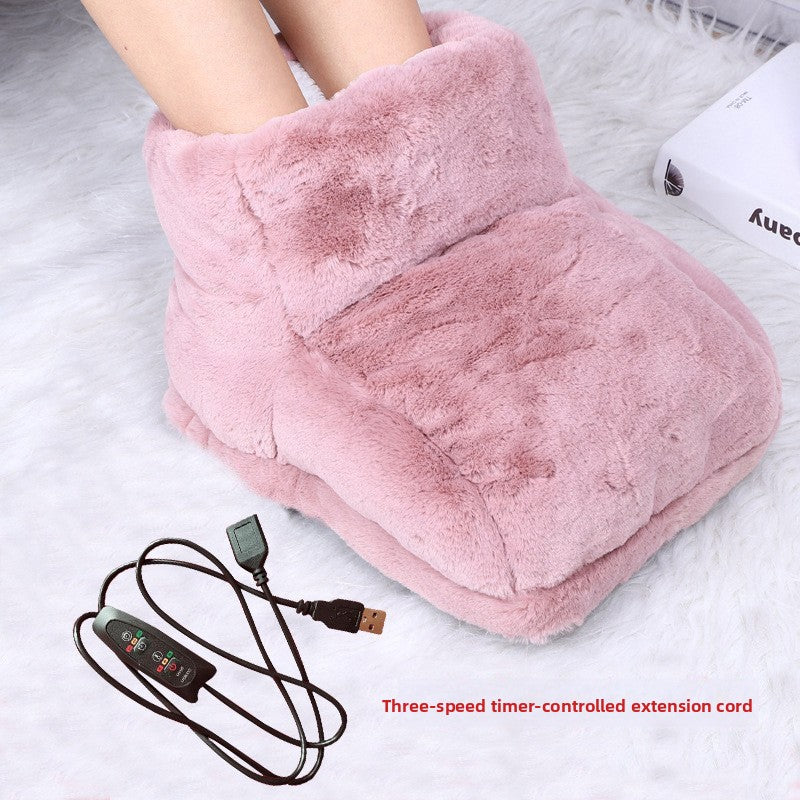Pink plush USB foot warmer boot with an inline controller on a USB extension cord, Pink 3-Temp option