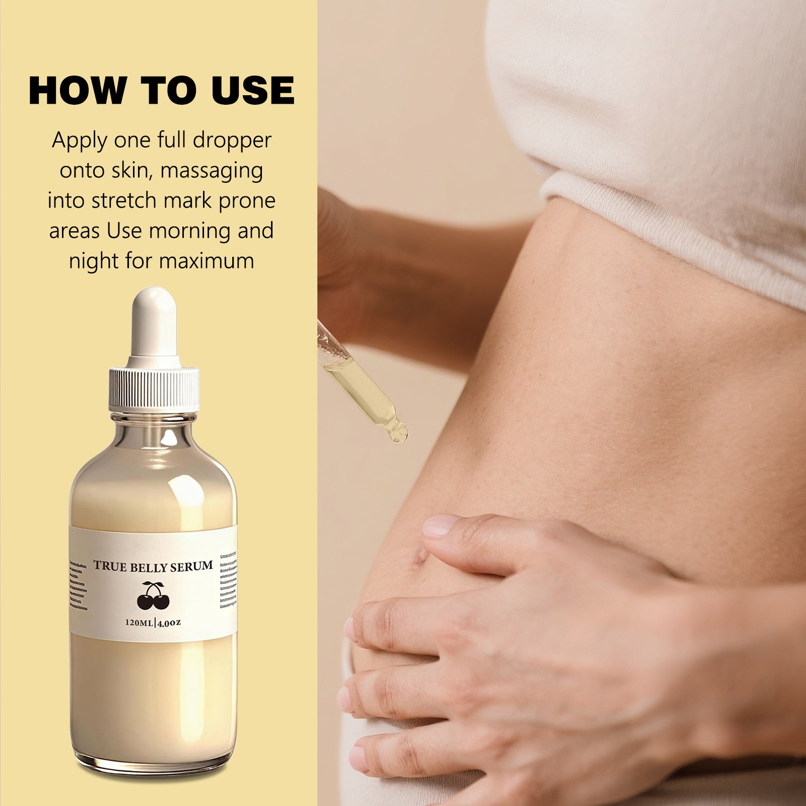 Pale cream belly oil in a glass dropper beside a woman pressing a drop of the oil onto her midriff skin