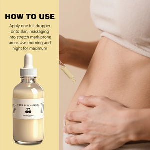 Pale cream belly oil in a glass dropper beside a woman pressing a drop of the oil onto her midriff skin