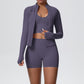 Truffle seamless activewear set, zip jacket with thumbhole cuffs over cropped tank and shorts