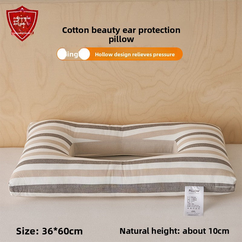 Contoured cotton side sleeper pillow with a hollow ear relief center and neck ridge, brown stripe