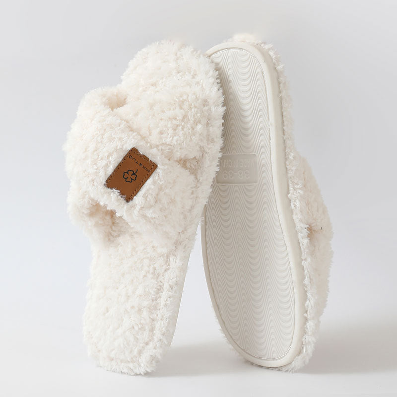 Beige crossed plush open toe slipper standing beside its textured TPR sole, size 40-41 option