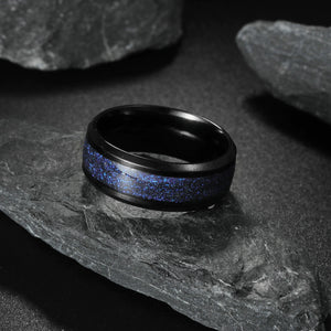 Black steel galaxy inlay ring side view showing the domed comfort-fit band