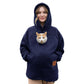 Navy blue lamb fleece hoodie with a cat looking out of the chest pouch, studio front view, size S option