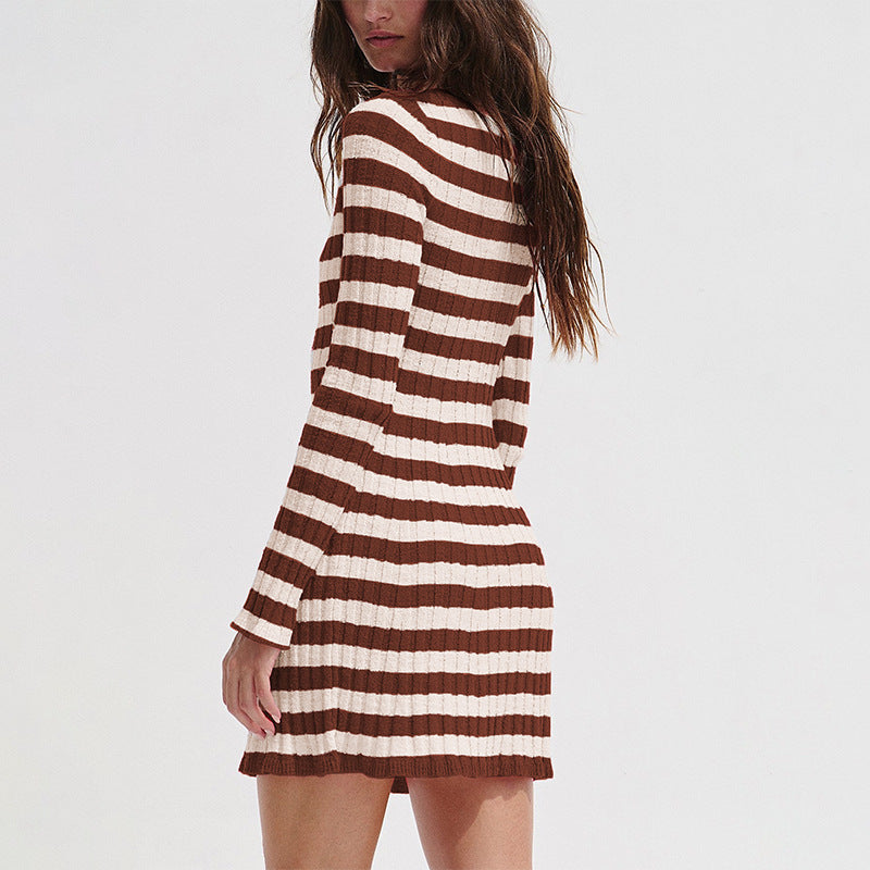 Brown and cream striped ribbed knit dress with long sleeves, model seen from behind