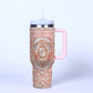 40oz insulated tumbler printed with a pink regency rose emblem design and handle