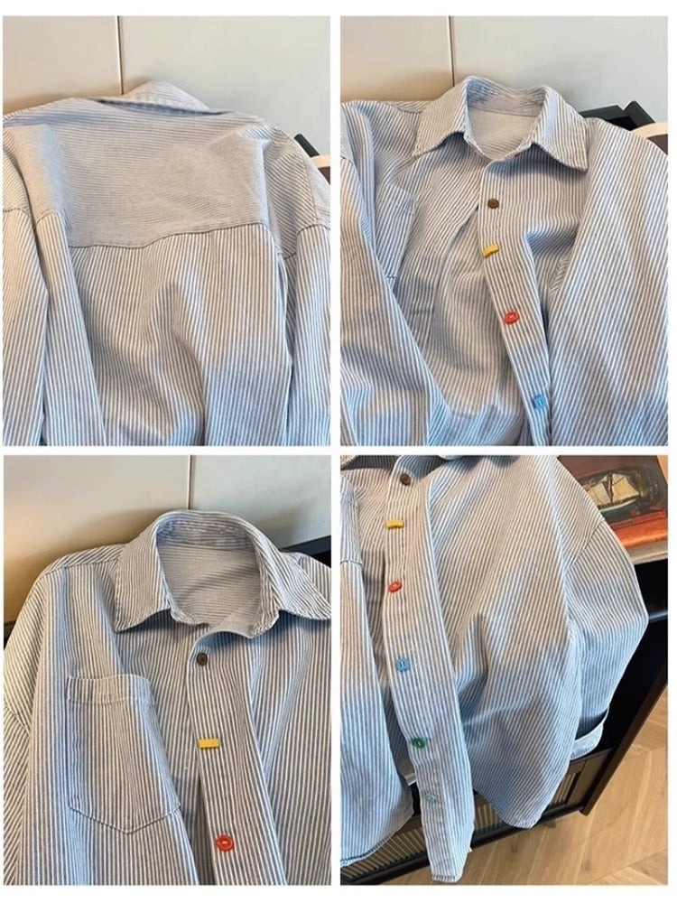 Side view of the blue striped shirt showing the relaxed long sleeve cut